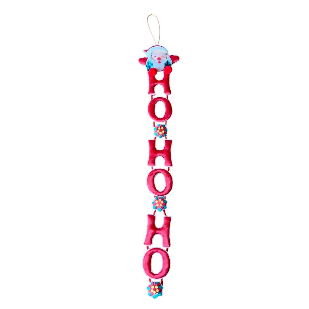 Vintage Santa Claus "Ho Ho Ho" Fabric Hanging Decoration Holly Leaves & Berries